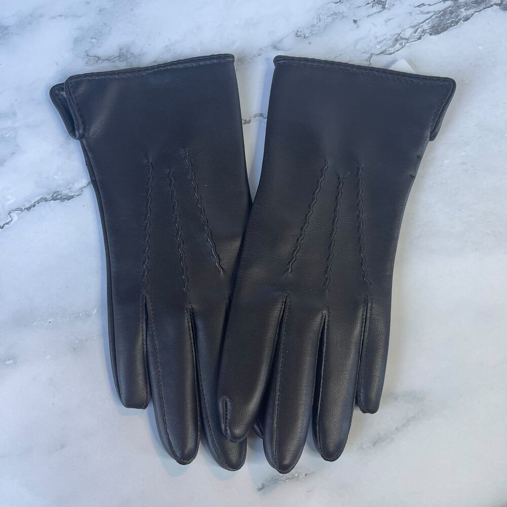Vintage Black Ladies Gloves Faux Leather Stretch Size 6.5-7 Taiwan